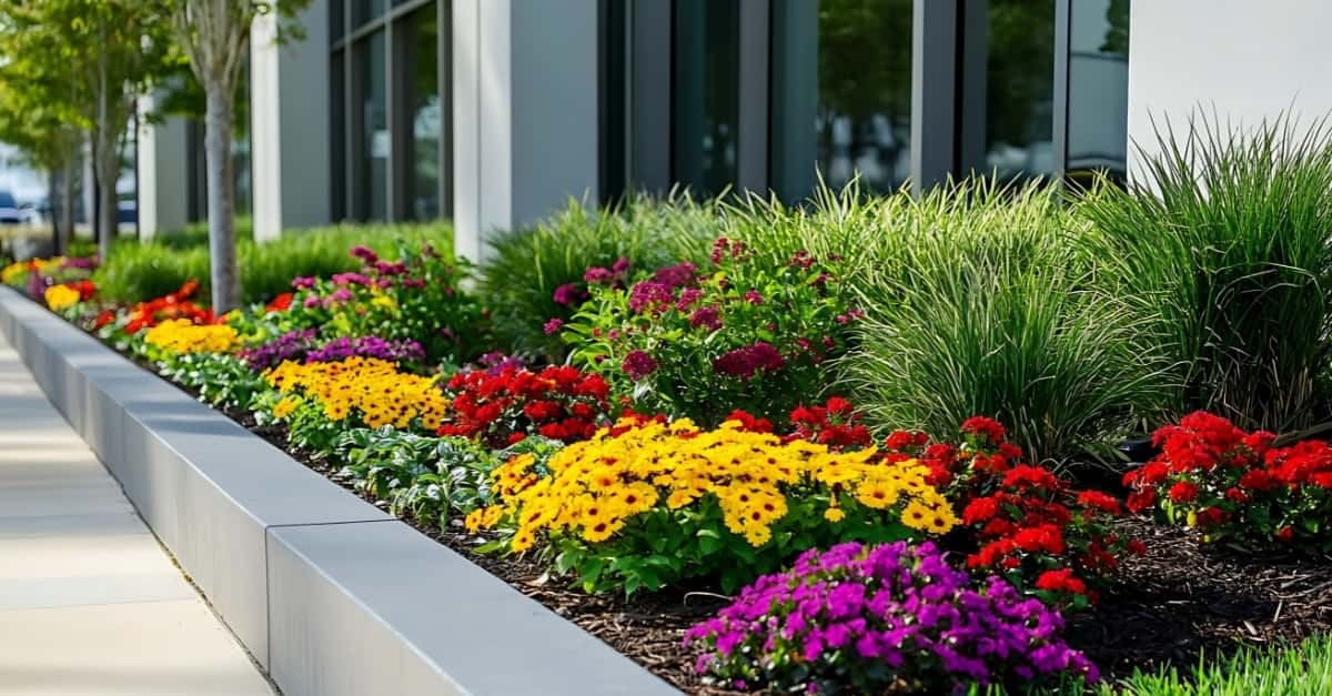 Colorful flowers in a garden bed in front of a commercial building